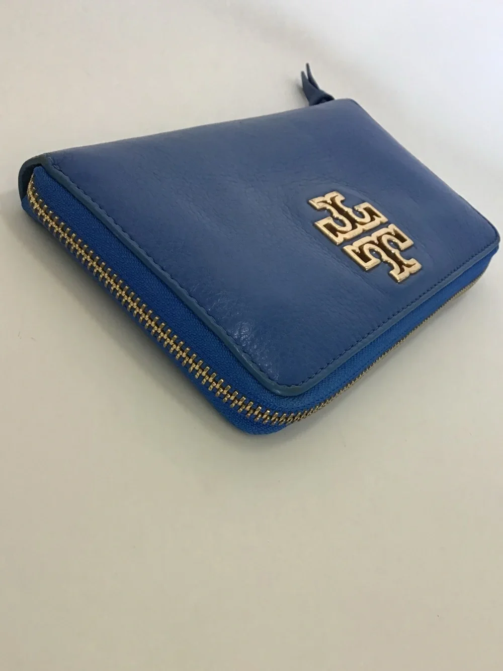Tory Burch Electric Blue Zip-Around Leather Wallet with Gold Logo